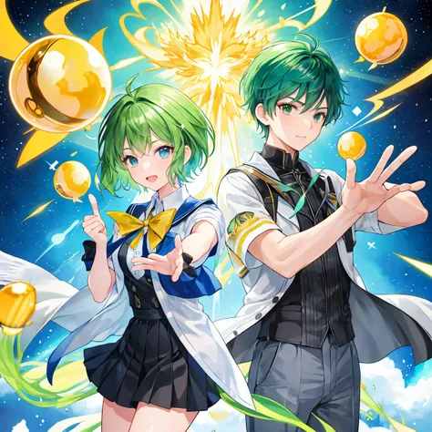 A short-haired male student with green hair is generating dazzling balls of light in his hands