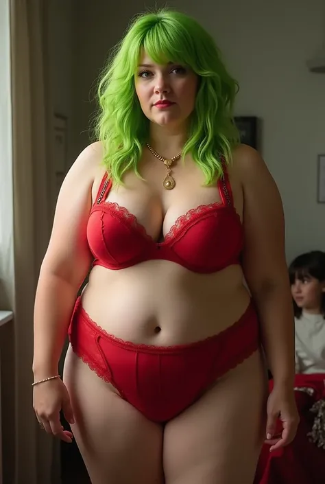 Fat woman in only panties and bra dressed like the Grinch
High waist panties
Bulky bra
With normal skin. 
Hairless
Only panties and red bra