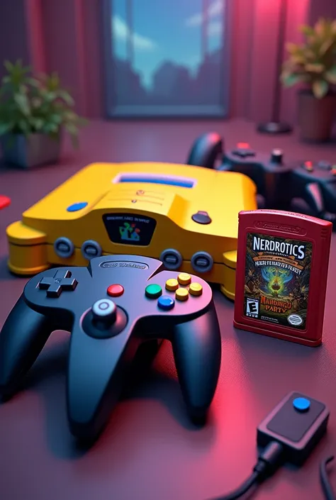 Yellow Nintendo 64 with two black Controllers with game cartridge that reads, Nerdrotics Lord of the Rings Mandingo Party 