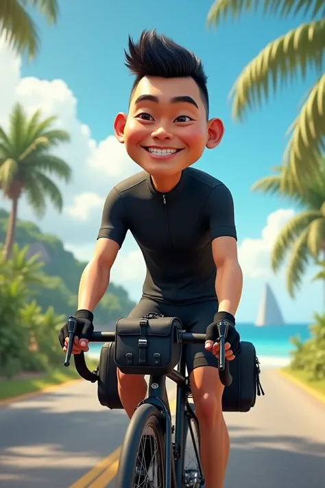 4D caricature of an Indonesian man (35 years old) with short hair (taper model), wearing a black jersey, bicycle gloves, black bicycle pants, riding a touring bicycle complete with bicycle bag, near the beach with an Indonesian road background, very realis...