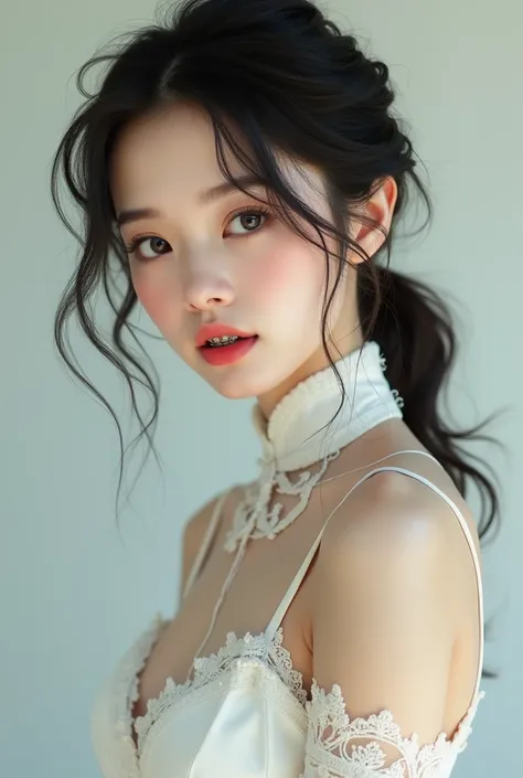 A young woman with medium-length hair, a good figure, braces, wearing a sexy, white, cute Chinese dress.