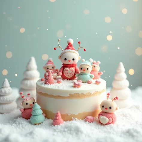  cake, christmas  decoration, snowy, tiny cute fluffy robots, clean