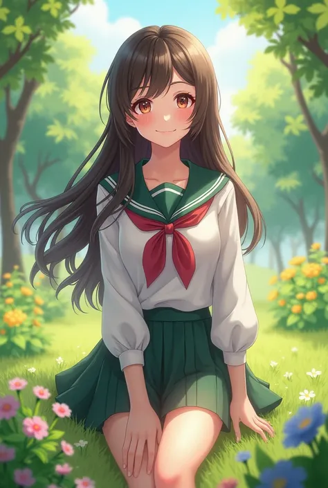 Cute looking long haired girl wearing college uniform in park