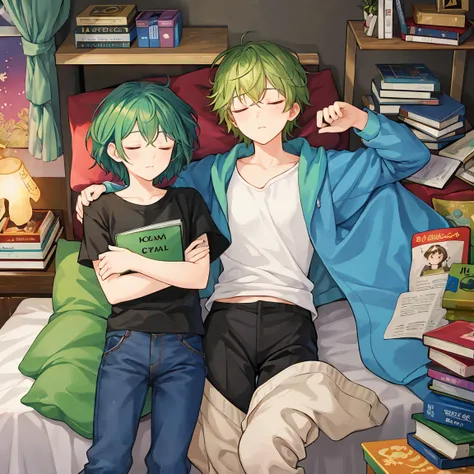 The short-haired wizard man with green hair is sleeping on his bed with one pair of pants, surrounded by books