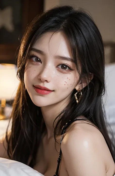 1 girl, Japanese, 4k, realistic, soft skin, texturized skin, long whavy black hair with bangs, shiny pink eyes, red eyeliners, shining red lips, natural makeup, freckles, round gold earings, messy hair, smiling seductively, bitting lower lip, lying in bed,...