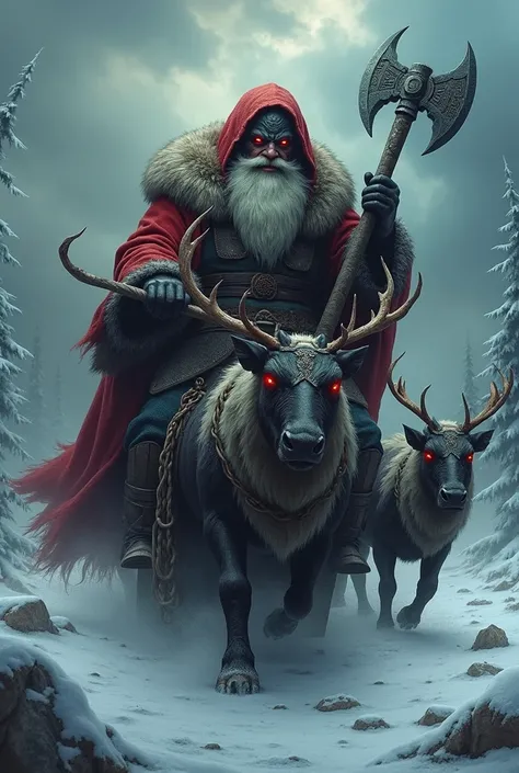 Evil Viking Santa using an axe and a whip on his sleigh with red-eyed, black-haired reindeer