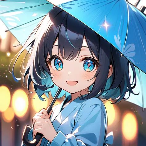 Close-up of a smiling girl (Shizuku) holding a light blue umbrella with both hands, gently stroking the handle, blurred background, focus on her happy expression, sparkling eyes, anime style, highly detailed, top quality , masterpiece , 大きな cute目、  cute, (...