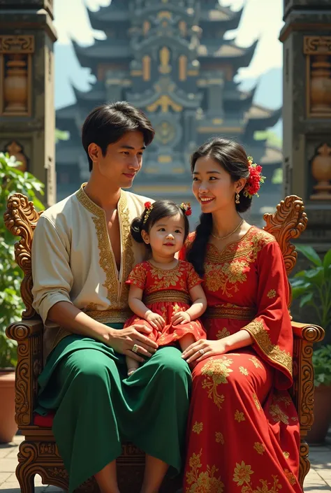 38 year old father , 33 year old mother and a  daughter , sitting in a chair with traditional Balinese fashion in green and red color against the backdrop of a temple in bali 