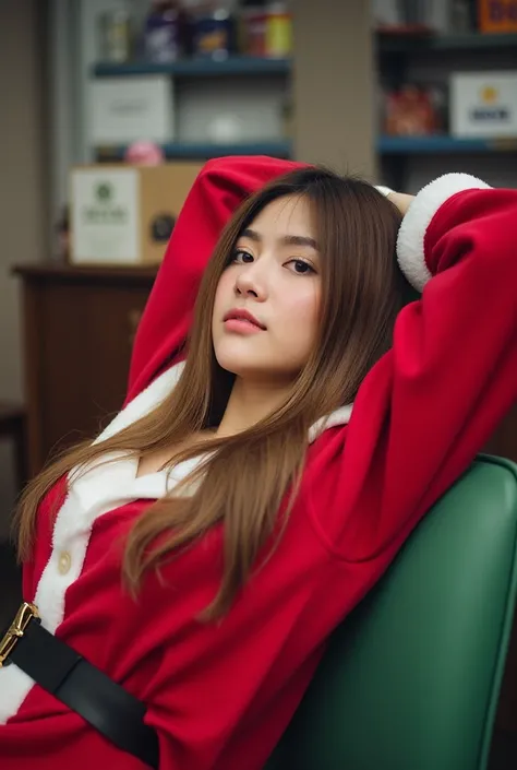  beautiful brown-haired woman  , (( Christmas,SEXY SANTA CLAUS COSTUME , 胸元の開いた Christmasコスプレ衣装,))The back room of a Japanese convenience store, storehouse, ((  headback break screaming orgasm )) ,  sharp focus with eyes closed , (  8K ultra HD :0.8),  ULT...