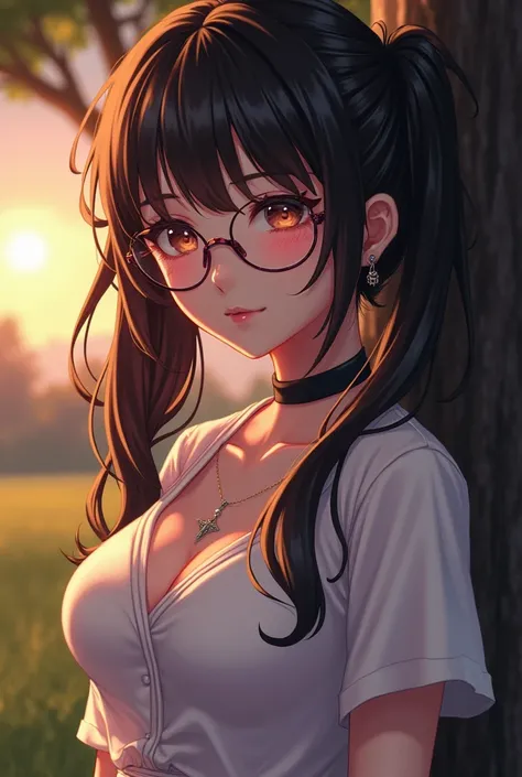 Perfect facial features, highly detailed face, highly detailed, 1 girl solo, 19 year old woman, shy, pink blushes, eye glasses, big boobs, against the gardens park, sunset, dark skies, standing against a big tree, twintail hair, hair bangs, white short sle...