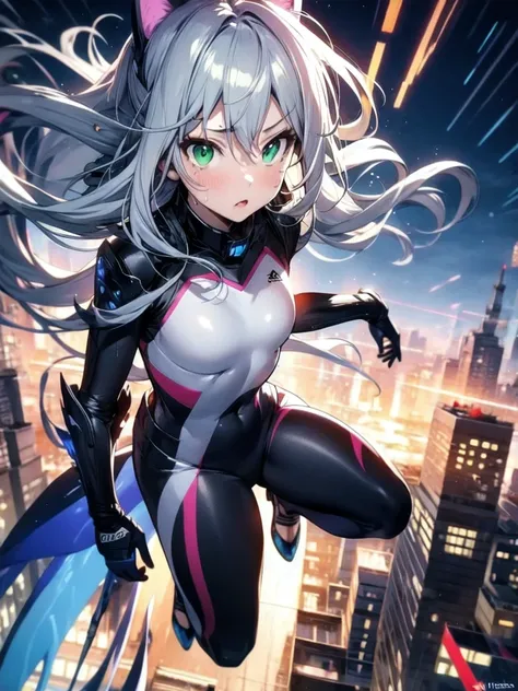 A beautiful girl with silver cat ears, green eyes, silver hair, long hair, black and white battle suit that fits her body perfectly, the background is the night city, the age is 14, dark night, sweat, steam from exhalation, dynamic angles, dynamic action p...