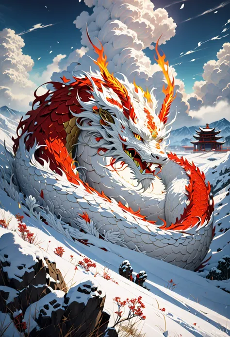 (The main subject: wide wide shot), The flame  white, [Multicolored,(Chinese dragon anthropomorphism)], safe,dramatic clouds,(Go deep into the snowfields), Rich details​, (Wide sky), (sense of vastness),Energy and vitality, Complicated details.(Best qualit...