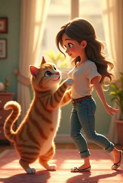 Create a vedio where a cute handsome cat dance with a beautiful doll girl .she is wearing a white shirt with blue jeans..and both cat and girl are dancing on song kmli kmli