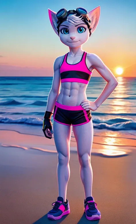 Rivet, tail, furry girl, 1girl, solo, young, pink sport shorts, pink sport bra, black soccer shoes, ocean background with sun set , standing, detailed body fur, detailed body, detailed eyes, detailed face, athletic, skinny, high quality, masterpiece, goggl...