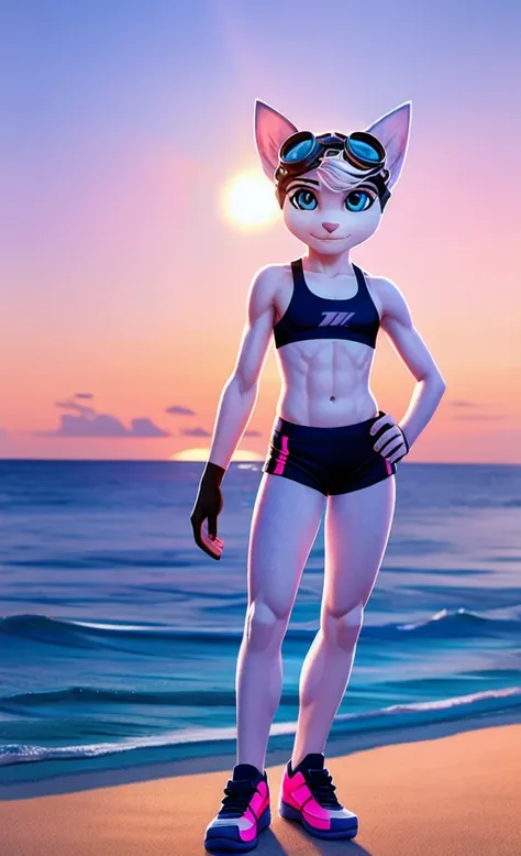 Rivet, tail, furry girl, 1girl, solo, young, pink sport shorts, pink sport bra, black soccer shoes, ocean background with sun set , standing, detailed body fur, detailed body, detailed eyes, detailed face, athletic, skinny, high quality, masterpiece, goggl...