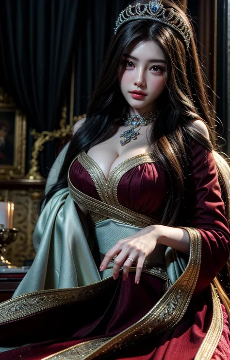 Game Art，CG Animation，   Best image quality   ， highest resolution ，8K quality，(【Personal photo )，(portrait)，( close-up head )，(Rule of Thirds)，  Unreal Engine 5 rendering   ，20-year-old girl，((Queen))， very meticulous eyes  ，(    big breasts   )，Elegant a...