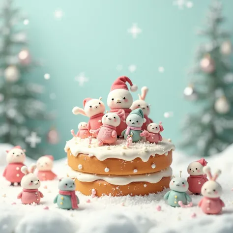  cake, christmas  decoration, snowy, tiny cute fluffy robots, clean