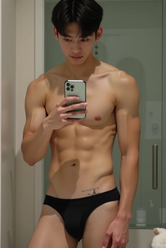 Realistic photo of tall young sixpack muscles that form a perfectly formed body  korean white skin male young teenager bright skin tone with hot seducing expression realistic eyes looking at the iphone one hand holding his iphone to the mirror at bathroom ...