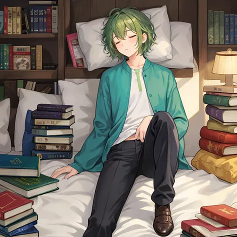 The green-haired wizard man (Short Hair) sleeps on his bed with one pair of pants surrounded by books