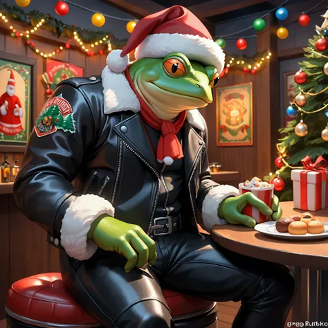 Closeup, Studio Ghibli Cartoon, an extremely badass anthropomorphic light blue and white bullfrog wearing an insanely cool black leather Harley Davidson biker jacket open, Santa hat, black shirt, black leather biker gloves, black leather biker pants, givin...