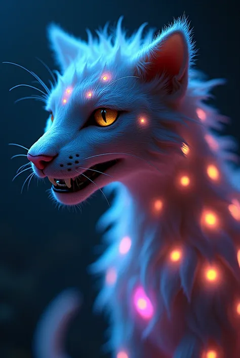 A close-up shot highlights Glowlions glowing spots, which appear colorful and sparkly on his body