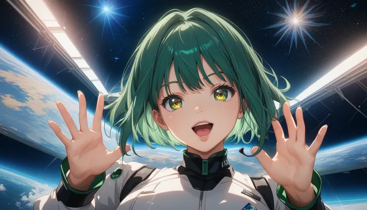 right front pose, close up, anime girl singer, short hairs, bob cut, of a beautiful green short hairs anime girl singing, wearing space suit, singing gesture and expression of face, focus on fingers shapes and pixels, beautiful face, shibuya rin, bright gr...