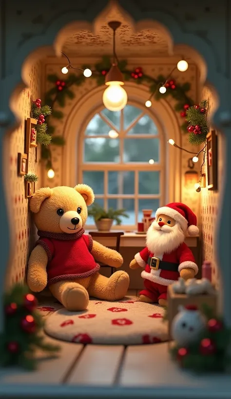  a cute miniature room 、Inside a French room 、 a stuffed little bear、 Santa Claus、 Christmas