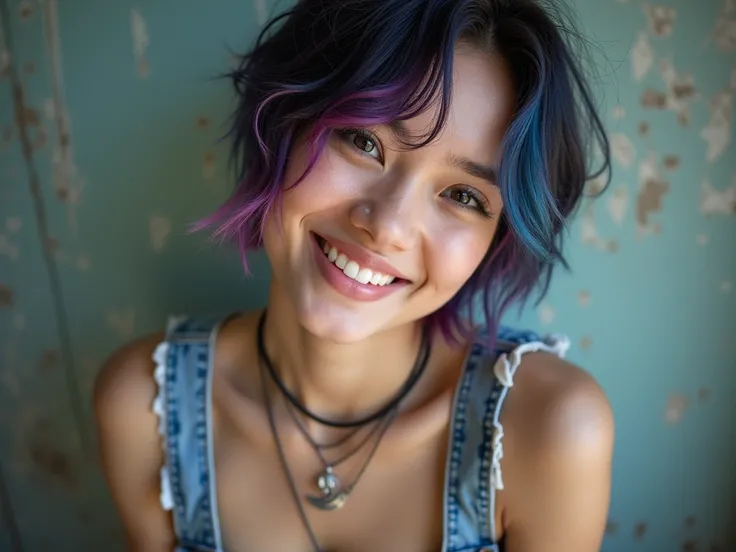 ((fish eyes lens)). a young thai woman with short, messy hair and blue, purple, and rose highlights. She has a warm, inviting smile and is dressed in a sleeveless V-neck t-shirt and ripped denim shorts. She wears layered necklaces with a crescent silver mo...