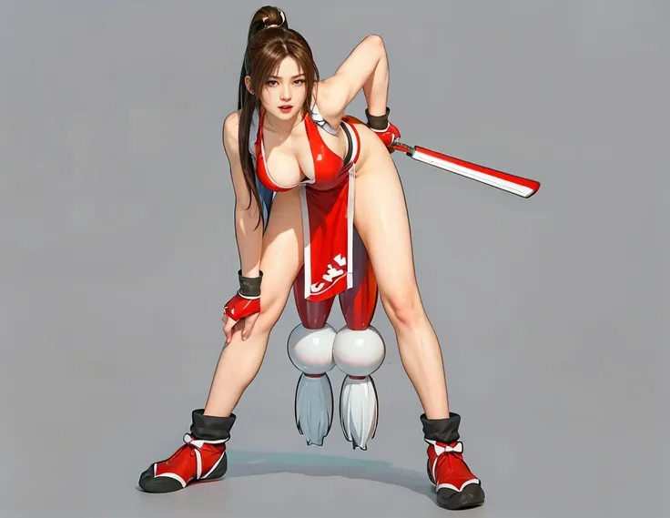 Mai Shiranui, (best qualityer,ultra details),(realisitic:1.37), beautiful and detailed face, ultra-realisitic texture, Exquisite face, athletic body, bright coloured. High definition, 8k, wearing red lipstick, rosy cheeks. expression with a sexy look.