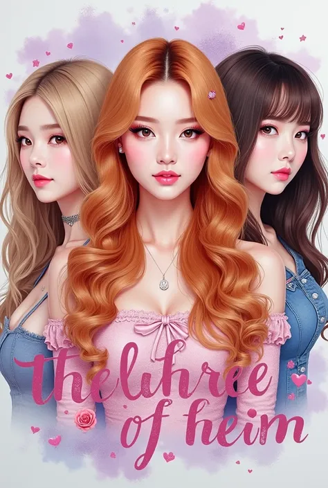  A Korean drawing of 3 female pop artists, the first , has wavy long strawberry blond hair, and fairy-like makeup, the second is on the left side she is a female pop artist with styled and dyed blond hair, makeup, smiling,she has a small rose tattoo on her...