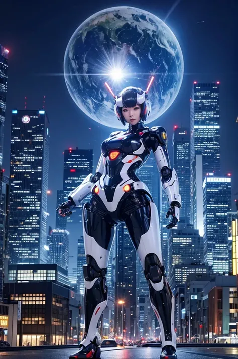 A Japanese robot girl、 poses with a futuristic city in the background