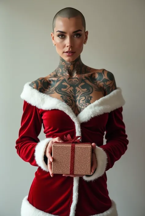 bald tatooed sexy model in santa outfit holding gift