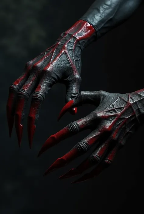 Black claw, cut red stripes, looks like gloves, has a dark black color.