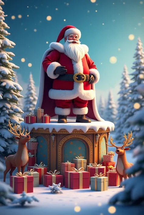 I want to generate an image of a Christmas landscape where Santa Claus is on one side at the top of a podium surrounded by gifts and with his reindeer below