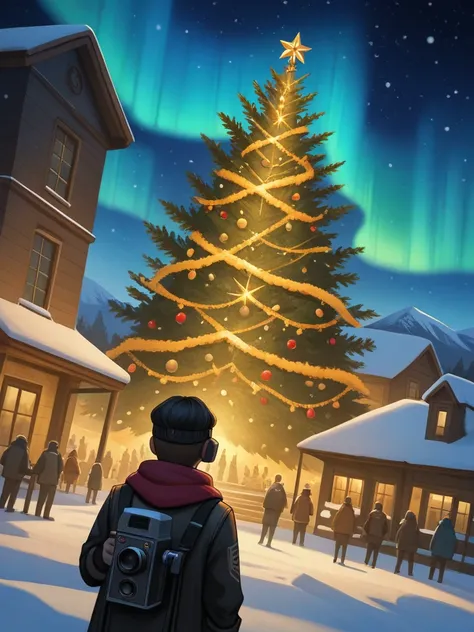 GENERATE A 2D ARCANE STYLE PAINTING, of a Christmas scene at the North Pole with an aurora borealis, and a Christmas tree in the middle, the tree has to be decorated with something related to audiovisual, microphones, cameras. The style has to be 2d painti...