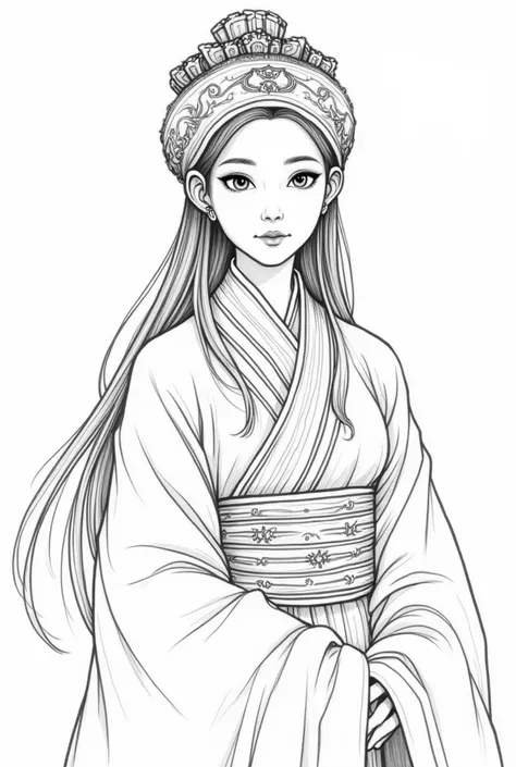 Line drawing of a woman from Huian, Quanzhou，Young women， long hair，Wearing traditional red and black embroidered clothes，Wearing a high crown and headscarf，The headscarf has simplified pattern details。Character poses are natural， facing directly in front ...