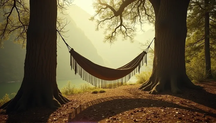 A Nouvelle Vague-inspired cinematic still featuring an empty hammock stretched between two tall, weathered trees in a quiet, sun-dappled grove. The hammock, slightly frayed at the edges, sways gently in the breeze, suggesting the passage of time or a recen...