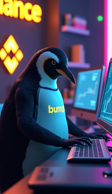 Penguin doing cripto market trading , in penguin shirt written "Pengu" ,Binance logo in the wall, glowing neon effect 