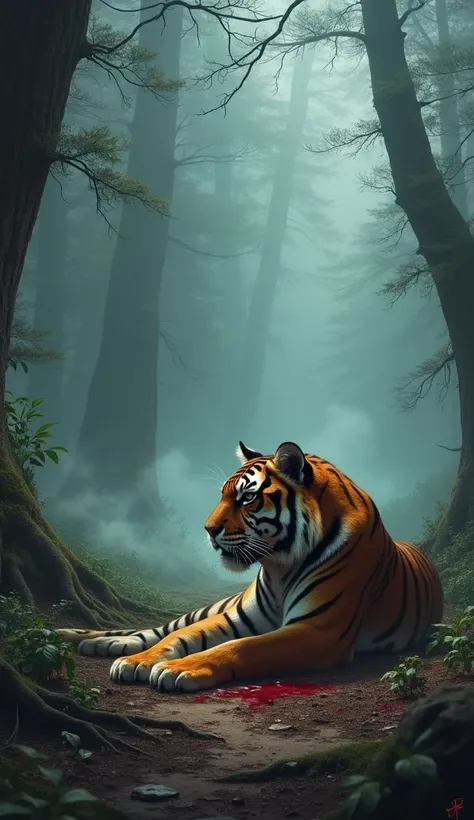 The tiger lay beside it, covered in blood, as the mist surrounded the forest and the trees stood tall, watching the battle unfold.