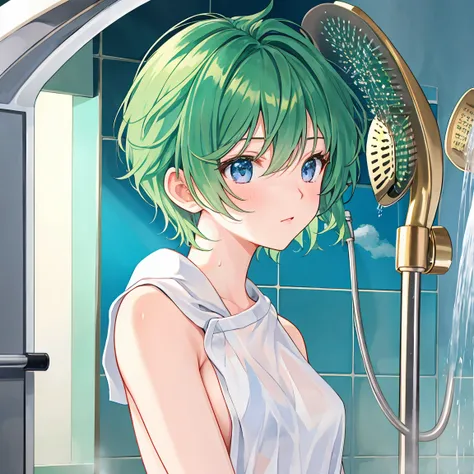 green-haired male student(Short Hair)It looks comfortable taking a shower naked。 upper body