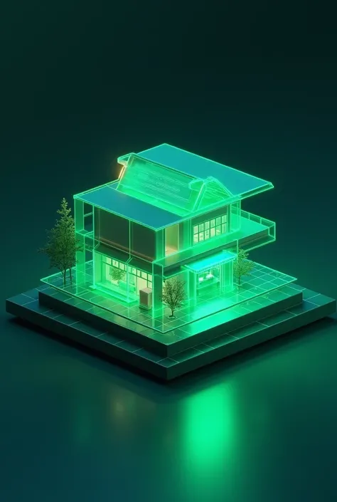 Isometric 3D smart home, minimalist geometric architectural design, emerald green holographic glow, dark background, cyberpunk style, floating layers effect, low-poly 3D modeling, neon green accents, semi-transparent glass effect, tech-inspired design, dar...