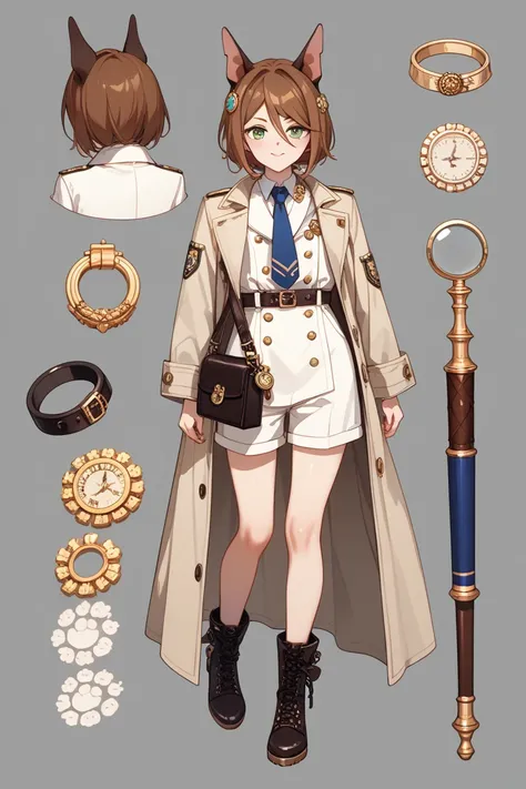 full body, femboy, fully clothed, An illustration, (masterpiece、最high quality、high quality), pure white background, Character design, Character sheet, dobermann ears, fluffy tail. A tailored, double-breasted trench coat in muted brown or beige tones. The c...