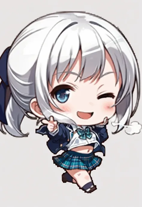 ,chibi-dol, 1girl, cute girl,(Shiori Shiomiya, school outfit ,), , smirk face, closed one eye, blush, break, detail illustration, white breath,  simple background