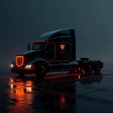 ```
[A futuristic, sleek, black semi-truck with glowing orange neon accents and subtly embedded Hedera Hashgraph (HBAR) logos, parked on a dark, damp concrete surface. The minimalist design features smooth contours and a windowless cabin. Subtle ambient li...