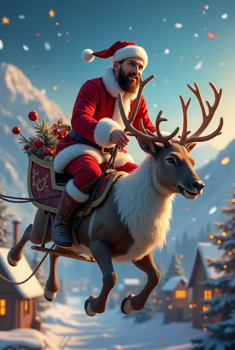 (photorealism:1.2),Messi flying on Christmas reindeer sleigh ride on air, Messi in Santa Claus dress, background village and furnace home