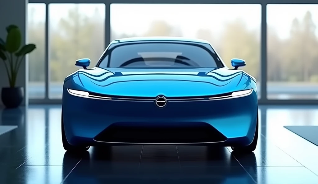 The image shows the front sides view of a blue futuristic 2025 Volvo p1800 . The car is parked in a luxury showroom  and a large window in the background. The front sides of the car is visible,, and the car has a sleek and modern design. . Further enhance ...