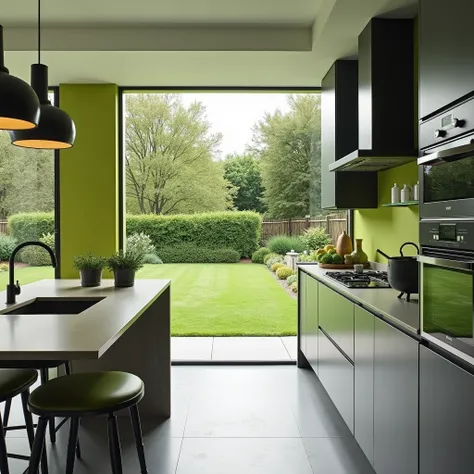  beautiful kitchen design and planning in shades of gray and lime green. processing table under the window .  view from the window beautiful garden with green lawn 