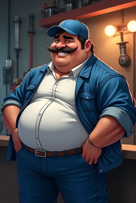 Fat mechanic in white shirt and blue jacket with blue hat and moustached man stroking his belly (Sexy anime style)