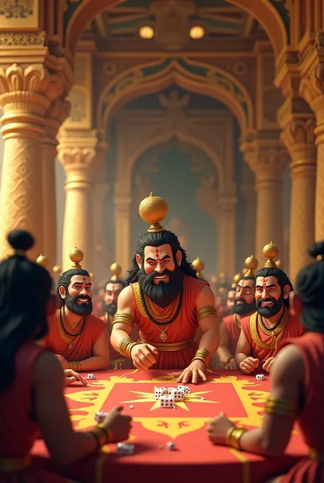 In cenematic 3d cartoon style "A grand royal hall with golden pillars and intricate carvings, showing Shakuni rolling dice with a sly expression. The Kauravas, led by Duryodhana, look victorious, while the Pandavas appear distressed. Yudhishthira looks dev...