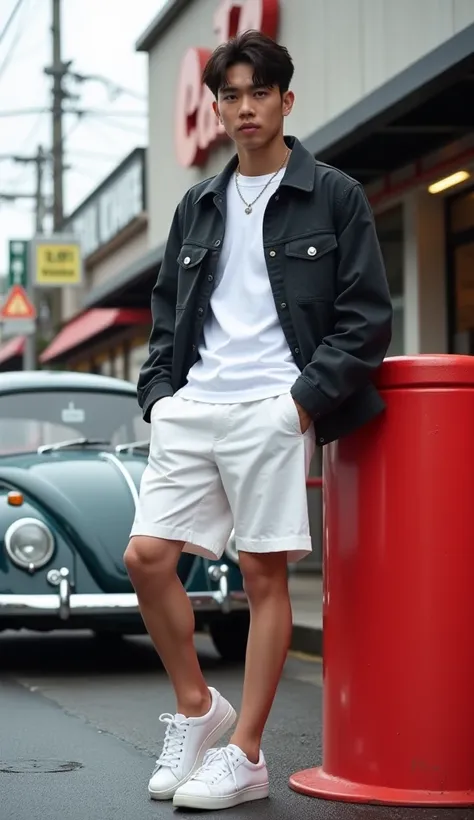  Photography A handsome Japanese man poses confidently outside the house on a cloudy day ,  with cafe background .  He is wearing a white T-shirt jacket sneaker shorts , White sporty shoes ,  frames a calm and composed expression .  He leans casually again...